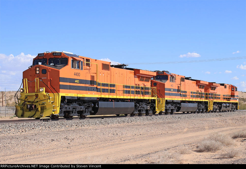 Arizona & California light power of ex BNSF C44-9W's return to Parker from east.